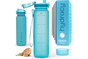 Hydracy Botella de Agua con Marcador de Tiempo - 1 L Botella de Agua Deportiva sin BPA - Botella de Gimnasio Antifugas con Funda Antitranspirante e Colador de Infusión