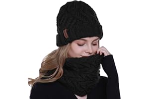 vamei 2 Pièces Ensemble Femme Beanie Bonnet Chapeau Tricoté et Écharpe de Cercle Tricoté Assorti en Hiver Chaud Bonnet Snood Écharpe Femme
