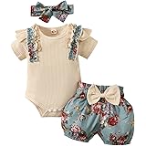 IQYU Baby Clothes Baby Girl Ruffle Short Sleeve Ruffled Romper Bodysuits Bow Flowers Printed Shorts Headbands Newborn Clothes