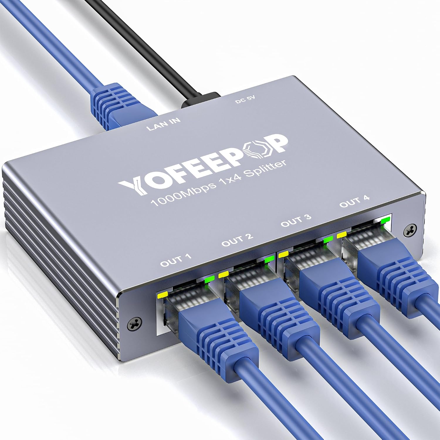 YOFEEPOP Ethernet Splitter 1 to 4, Gigabit Network Switch, 1000Mbps High-Speed RJ45 Internet Splitter with USB-C Power Cable for PC/Laptop, PS5, Xbox, Router, TV
