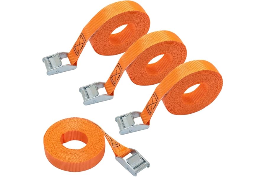 Amazon Basics Lashing Strap, 6 m Long, 25 mm Wide, Load Capacity 150 kg, DIN EN 12195-2 Passed, 4 count (Pack of 1), Orange