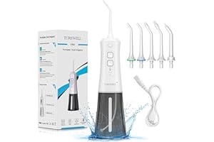 TUREWELL Irrigador Dental, Irrigador Bucal Profesional con 5 Boquillas Multifuncionales, Capacidad de 250ml, Limpieza Dientes, Aprobado por la FDA/CE(Blanco)