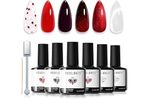 Modelones Lakier do paznokci UV, czerwony, ciemnoczerwony, srebrny, brokatowy, żel Cat Eye, zestaw 6 kolorów z magnesem, magnetyczny, efekt 9D, do zmywania, lakier do paznokci, francuski manicure