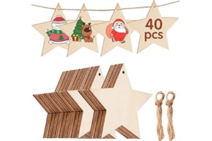 ‎YMIFEEY 40 Stück Holzanhänger Stern Holz Deko 8.5cm Hängesterne Dekohänger Holzsterne Holzscheiben zum Bemalen & Basteln mit Fäden für Hochzeitsanhänger Weihnachten Geschenkanhänger (40 Stern)
