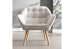 chairus Fauteuil Scandinave de Salon avec Pieds en Bois Modern Chaise de Chambre Capitonné en Lin (Beige-1)