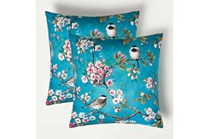 HOMESCAPES Set of 2 Outdoor Cushions Waterproof, Blue Birds & Cherry Blossom Filled Garden Cushion, Hypoallergenic Polyester, Decorative Pillows for Indoor & Outdoor Patio, Benches & Sofa - 45 x45cm