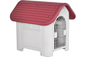 PawHut Hundehütte Outdoor Hundehaus mit Dachluke Tor Unterschlupf für kleine Hunde Kleintierstall Luftzirkulation wasserdicht Metall Kunststoff Rot+Hellgrau 59 x 75 x 66 cm