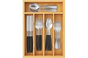 Lifewit Bandeja para Cubiertos, Organizador Cajones de Cubertos de Bambú, Cocina Organizador de Cubertería Compacto para Cucharas, Tenedores, Utensilios, Cuchillos, 5 Compartimentos, Natural