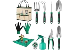 CAKKVDE 12 Piece Gardening Tools Set with Storage Bag, Heavy Duty Stainless Steel Garden Gifts Set for Women & Men, Complete Gardening Kit with Kneeling Pad for Weeding, Planting, Potting
