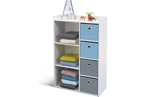 Albert Austin Wooden Shelf With 4 Basket Drawers | Bedside Table For Kids Bedroom | 4 Drawers Storage Unit | Kids Multi Drawers Organizer | Toys Books Side Table With Storage | Blue And Grey