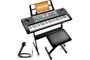 CAHAYA Piano Digital de 61 Teclas - Piano Eléctrico Portátil para Principiantes con 3 Modos de Enseñanza 128 Sonidos y 128 Ritmos Set con Soporte Banco Micrófono y Altavoces Integrados