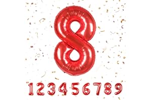 PARTYHAUSY Number 8 Balloons 8,Red 8 Balloon 40 Inch Giant Helium Foil Number Balloons for Boys Girls Party Decor Birthday Anniversary Graduation Party Decorations Supplies