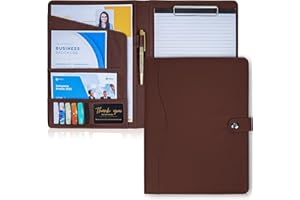 AMKSONS GESCHÄFT AMKSONS - Cartellina formato A4, con portablocco e blocco note A4, in pelle PU, con scomparti per documenti, portapenne, coperchio e chiusura magnetica (marrone)