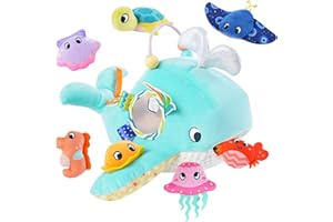 DiiWmme Baby Sensory Toys 6-12 Months, Soft Whale with 6 Textured Marine Animals, Montessori Learning Toy with Crinkle, Squeaker and Mirror, Toddler Travel Gifts for Boys and Girls 0-3 Years (Whale)