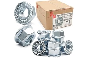Lun Fix Dado di bloccaggio M8 DIN 6923, 1 kg, circa 150 pezzi, dado flangiato FK5, dado esagonale con flangia e dentatura di blocco, in acciaio zincato, dadi per bulloni filettati, dado per barre