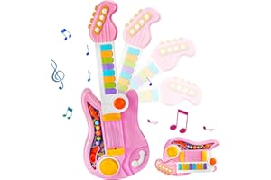 IGUGI Guitare Électrique et Piano 2 en 1, Jouet Musical pour Enfant, 4 Modes de Jeu, Rose, Cadeau pour Enfants de 2 à 5 Ans