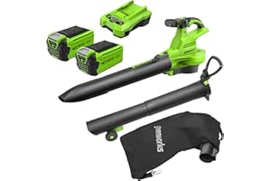 Greenworks 40V Aspiratore Soffiatore a Batteria per Foglie, Motore Brushless, 370km/h, 14.17 m³/min, Sacco di Raccolta da 45L, Due Batterie 2Ah e Caricabatterie, Garanzia 3 Anni GD40BVIIK2X