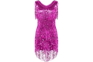 Agoky Damen Ärmellos Pailletten Kleid V-Ausschnitt Glitzer Quasten Partykleid Flapper Kostüm Tanzkleid Samba Tango Latein Outfits