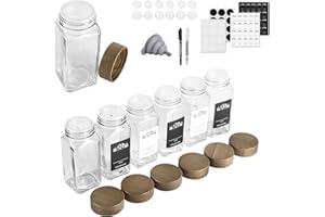 FNLLC 6x120ml Barattolo Spezie con Coperchio in Legno,Barattolo per Spezie in Legno di Sandalo,7 Set Barattoli per Spezie Quadrati con Inserto per Spruzzare,Barattolo Spezie in Vetro,per Sale,Pepe