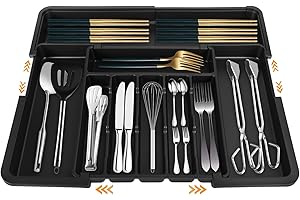 USHOP Portaposate Da Cassetto Espandibile, Porta Posate Cucina Cassetto Con 9 Scomparti, Vassoio in Plastica per Posate, Organizzatore Cassetto Cucina, Nero