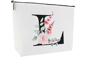 Blisswave Trousse de Toilette Femme, avec Nom de A à Z, Fermeture Éclair en Métal de Haute Qualité, Design Imprimé Exquis, Trousse de Maquillage avec Doublure Noire résistante aux Taches (Blanc)