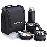 Oliveware Teso Lunch Box with Bottle - Black | 3 Stainless Steel Containers + Pickle Box & Assorted Steel Bottle | School, College & Office | Insulated Fabric Bag | Leak Proof & Microwave Safe | Full Meal & Easy to Carry