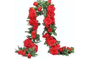 KSNNRSNG Künstlich Rosen Blumengirlande Kunstblumen Seidenblumen Blumen Rose Girlande Hängend Rebe für Zuhause Wand Hochzeit Bogen Anordnung Dekoration (2 Stücke, 9 Blumen - Rot)