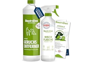 BactoDes Animal Concentrato elimina odori animali, 1 litro con contenitore per miscelare, Neutralizzatore per urina dei gatti, cani ed animali di piccola taglia