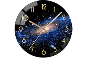 VIKMARI Black Arabic Numerial Wall Clock 12 Inch Silent Quality Quartz Battery Operated Wall Clocks- Round Glass Wall Clocks for Kitchen, Living Room, Dining Room and Bedroom - Night Sky Pattern