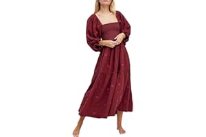 Acrawnni Women's Flower Embroidered Maxi Dress Long Puff Sleeve Square Neck Smocked Tiered Bohemian Flowy Dress Beach Long Dress