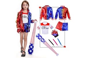 Hereneer Harley Quinn Costume Bambina Costume, Harley Quinn Costume Cosplay Bambina, Costume da Bambina Cosplay di Halloween con T-Shirt, Giacca, Pantaloni, Guanti, Baseball Gonfiabili