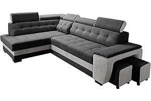 ROBIN INSPIRE Robin Grand Divano angolare con funzione di letto cassetto per la biancheria due pouf poggiatesta regolabile angolo a sinistra nero e grigio 277 x 180 x 100