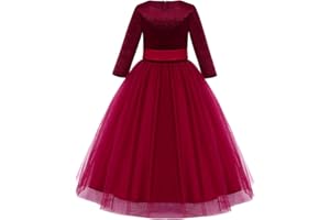 IWEMEK Robe de Fleur Fille Demoiselle d'honneur Robe de Soirée Mariage Tulle Velours Manches 3/4 Princesse Longue Robe de Première Communion Anniversaire Fête Noël Carnaval