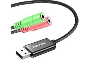 ‎DUKABEL DuKabel Externe USB Soundkarte Adapter für Computer, Laptop und PS4, USB auf 2 x 3.5mm Buchse Aux Audio Konverter Kabel für Kopfhörer, Lautsprecher und 3 Pole TRS Mikrofon - Schwarz