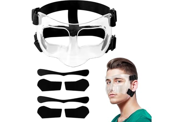 Masque pour Nez Cassé, Réglable Écran Facial Respirant Transparent Entraînement Sportif Masque Facial Protège Nez avec Rembourrage pour Adultes Adolescents Basket-Ball Football Accessoires