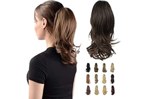 Sofeiyan 13" Ponytail Extension Long Curly Ponytail Clip in Claw Hair Extension Natural Looking Synthetic Hairpiece for Women,Black/Medium Chestnut Brown Mix