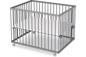 Sämann Laufstall Baby 75x100 cm | TÜV geprüft 2023 | stufenlos höhenverstellbar | Laufgitter Premium | Babybett aus Holz | Krabbelgitter Komplettset grau