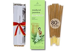 Calmveda Kadzidełka jaśminowe organiczne (80 kadzidełek) zestaw kadzidełek bez węgla, wyprodukowane z kwiatów upcyklowych | bogata w dekadenckie warzywa, owocowe, a mimo to kremowo-kwiatowe