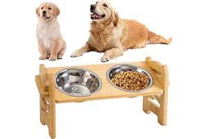 PORFOYO Gamelle Chien Surelevee de 6 Hauteurs Ajustables, Gamelle Surelevee pour Chien, Support de Gamelleen Bambou avec 2 Gamelles en Acier Inoxydable Support de Gamelles Surélevé pour Petits Chiens et Chats