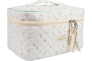 Zouwel Bolsa de maquillaje de algodón con diseño floral acolchado de gran capacidad, bolsa de cosméticos de viaje, bolsa de cosméticos Kawaii, White, Lindo estilo retro