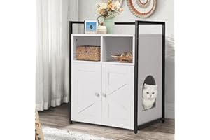 VOWNER Casa para Gatos, Caseta de Madera y Mesa Auxiliar de Madera para Gato, Mueble Arenero Gatos, con 2 Puertas, 60 x 45 x 80 cm, Blanco