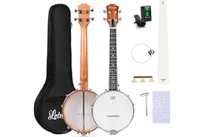 Lotmusic Banjolele, Sapele Travel Banjolele 26 Inch 4 String Remo Drumhead Open Back with Beginner Kit Extra String Allen Wrench Tuner Sandpaper Ruler and Bag