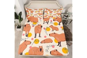 HOMEWISH Cartoon Capybara Bed Sheets for Kids,Cute Brown Capybaras Fitted Sheet Double for Teens Boys Girls Room Decor,Funny Doodle Plants Dots Design Bedding Set Microfibre Soft 3 Piece Bedding Decor Set