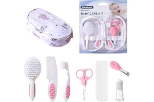 Satiskid Baby Healthcare and Grooming Kit, Portable Baby Safety Care Set with Comb, Brush, Nail Clippers, Nail Scissors, Nail File, Toothbrush, Finger Toothbrush for Newborn Baby (Pink)