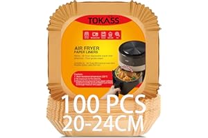TOKASS,Carta Forno per Friggitrice ad Aria, BPA Free, Monouso, Adatto al Forno, da 5 a 8 litri (Quadrata, 20-24 cm) (100 per gruppo)