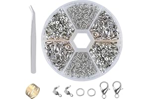 OMBRISA Lobster Clasps for Jewelry Making Kit 462 Pcs, Jewellery Clasps with Open Jump Rings, Crimp Ends, Lobster Clasps, Jump Ring Opener and Tweezer, for Bracelet Necklaces Making (Silver)