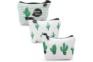 3 Piezas Monedero Pequeño Pequeño Fresco, PARFCO Mini Monedero de Lona con Patrón de Cactus, Lindo Monedero Pequeño con Cremallera para Llaves, Dinero, Tarjetas