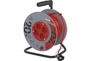 EMOS tambor cable 20 m, 4 Schuko, 230 V 10 A 2300 W, PVC H05VV-F3G 1.0 mm², protección sobrecalentamiento, freno bobina, IP20, interior