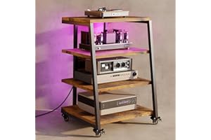 VRIETINA HIFI Stand Record Player Stand, 4-Tier Wooden Shelves with Power Strips, LED Lights, Wheels, Height Adjustable AV Media Storage Audio Rack Tower for Turntable/Printer/Sky Box/TV, Load Capacity 50KG
