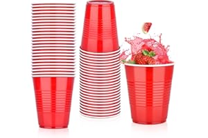 NUZEKY Zestaw 50 sztuk czerwonych kubków – plastikowe kubki wielokrotnego użytku, kubki na napoje, kubki imprezowe, 350 ml, czerwone, plastikowe kubki na imprezę, kemping, urodziny, wesele